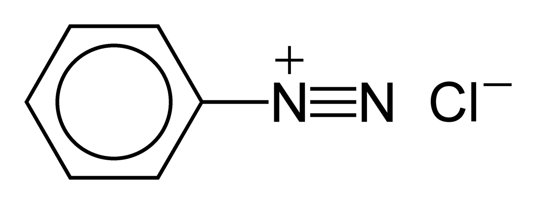 Structure of benzenediazonium chloride: a benzene ring bonded to an N triple bond N group carrying a positive charge, with a chloride counter-ion.