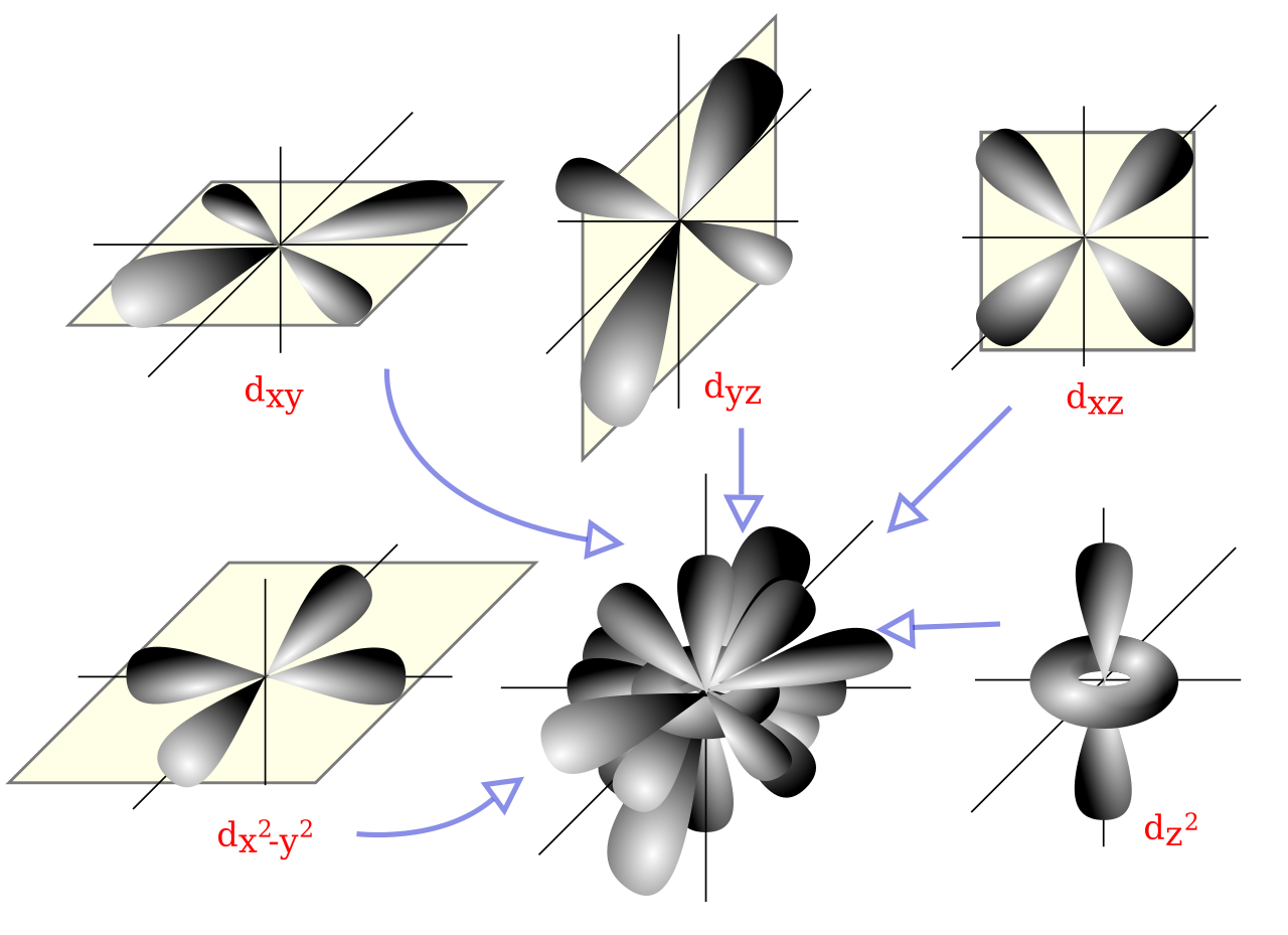 The five 3d orbitals labelled d-xy, d-yz, d-xz, d-x2-y2 and d-z2, each with four lobes except d-z2 which has two lobes and a central ring, shown combining into the full d subshell.