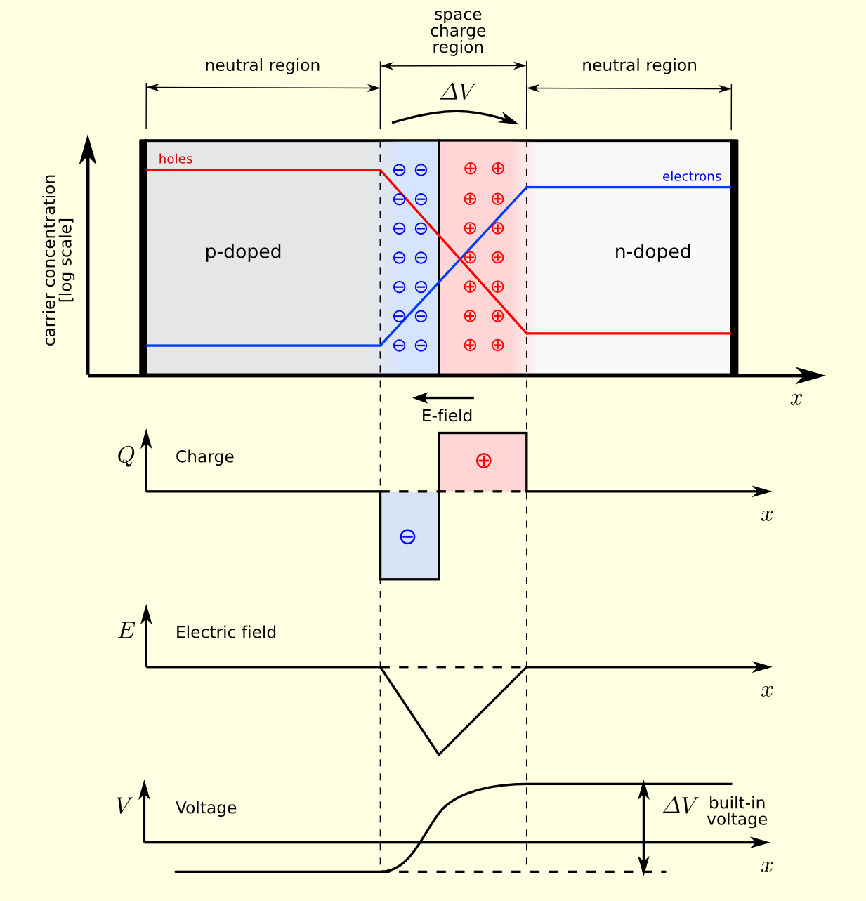 p-n junction at equilibrium shown as four stacked graphs against position x: carrier concentration of holes and electrons across the p-doped and n-doped neutral regions, the space charge region with negative acceptor ions on the p side and positive donor ions on the n side, the resulting charge density, the electric field pointing from n to p, and the built-in potential step delta V