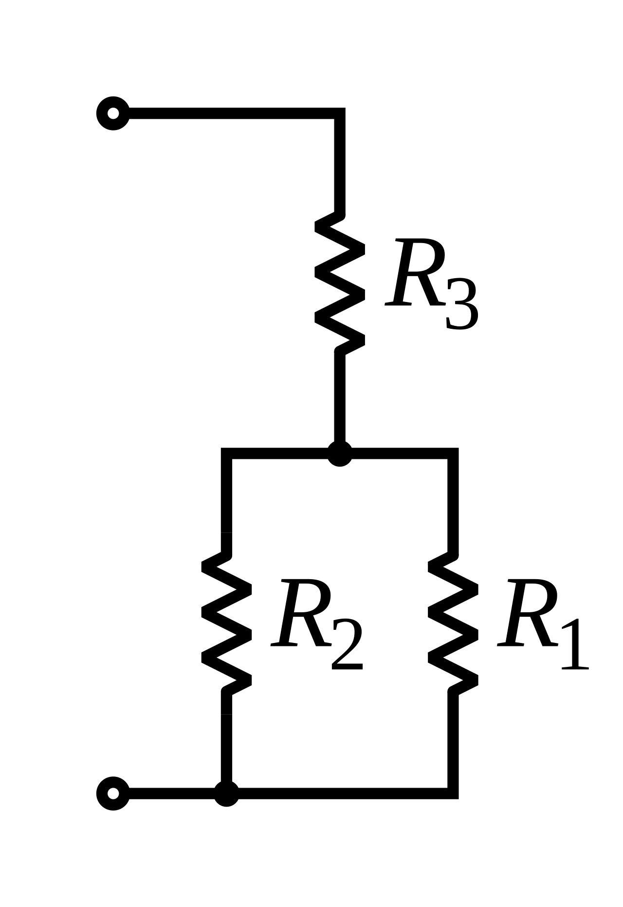 Circuit diagram showing resistors R1 and R2 connected in parallel with each other, and that parallel combination connected in series with resistor R3 between two terminals